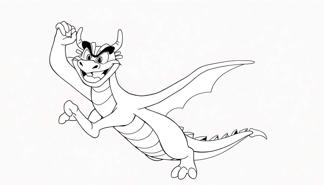 Um dragão de desenho animado preto e branco com uma expressão travessa, asas abertas e um chifre.