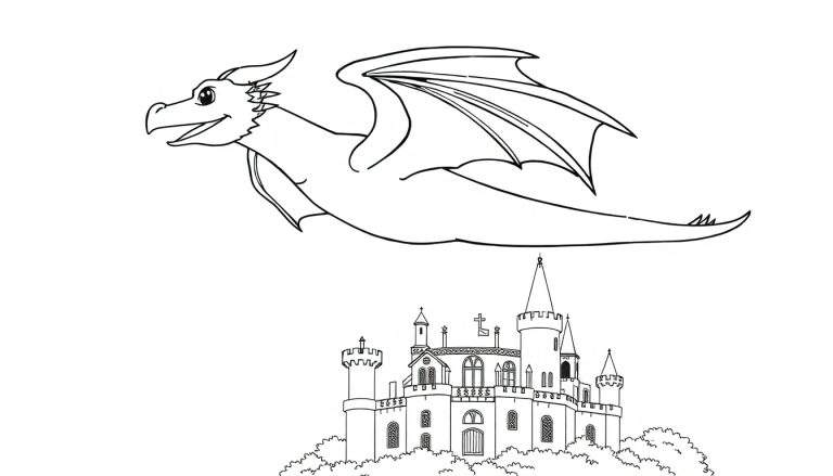 Um dragão amigável voando sobre um castelo em uma página para colorir, pronto para ser pintado.