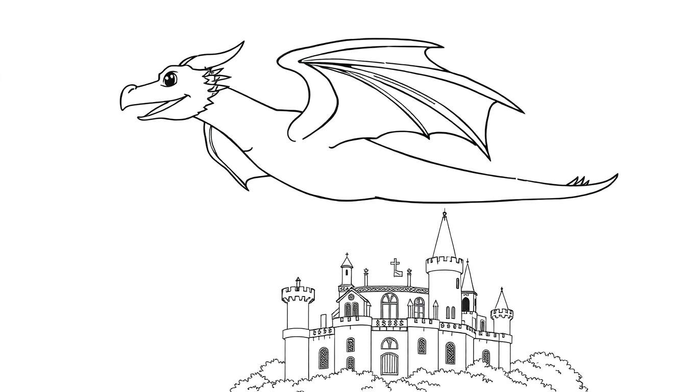 Um dragão amigável voando sobre um castelo em uma página para colorir, pronto para ser pintado.