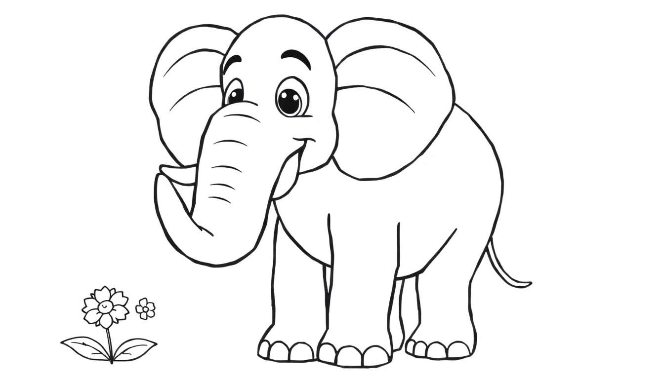 Desenho de um elefante sorridente em estilo de desenho animado, pronto para colorir.