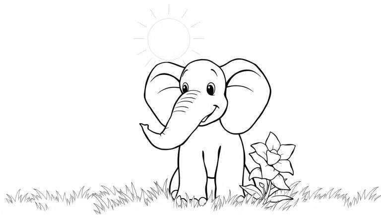 Um desenho em preto e branco de um elefante sorridente sentado na grama perto de uma flor sob um sol, pronto para colorir no color panel.
