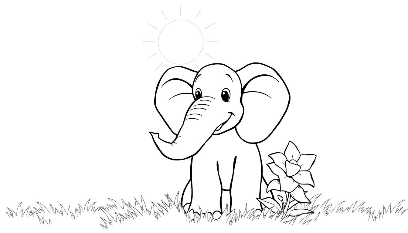 Um desenho em preto e branco de um elefante sorridente sentado na grama perto de uma flor sob um sol, pronto para colorir no color panel.