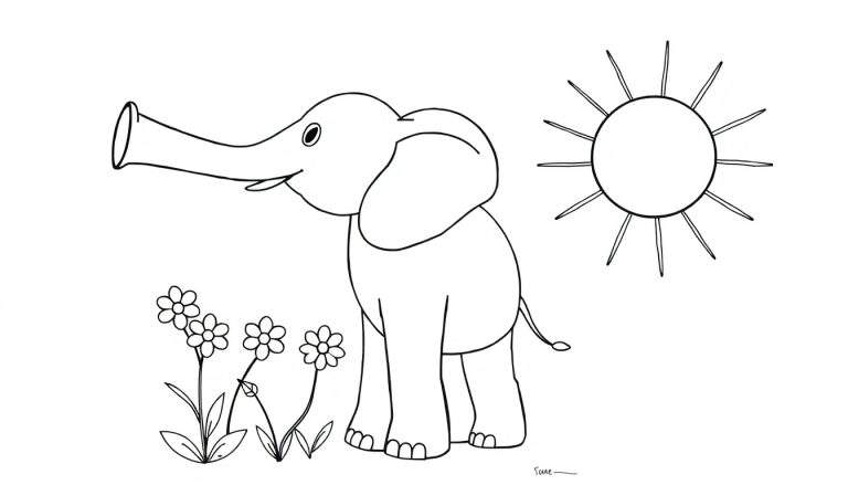 Um desenho linear de um elefante de desenho animado sorridente com um sol e flores. color panel