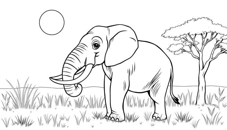 Um elefante amigável na savana, pronto para colorir, com um sol amarelo no céu.