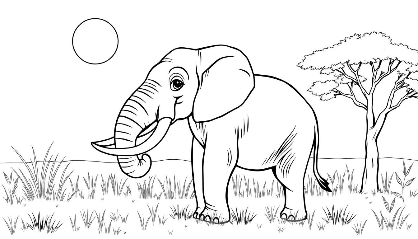 Um elefante amigável na savana, pronto para colorir, com um sol amarelo no céu.