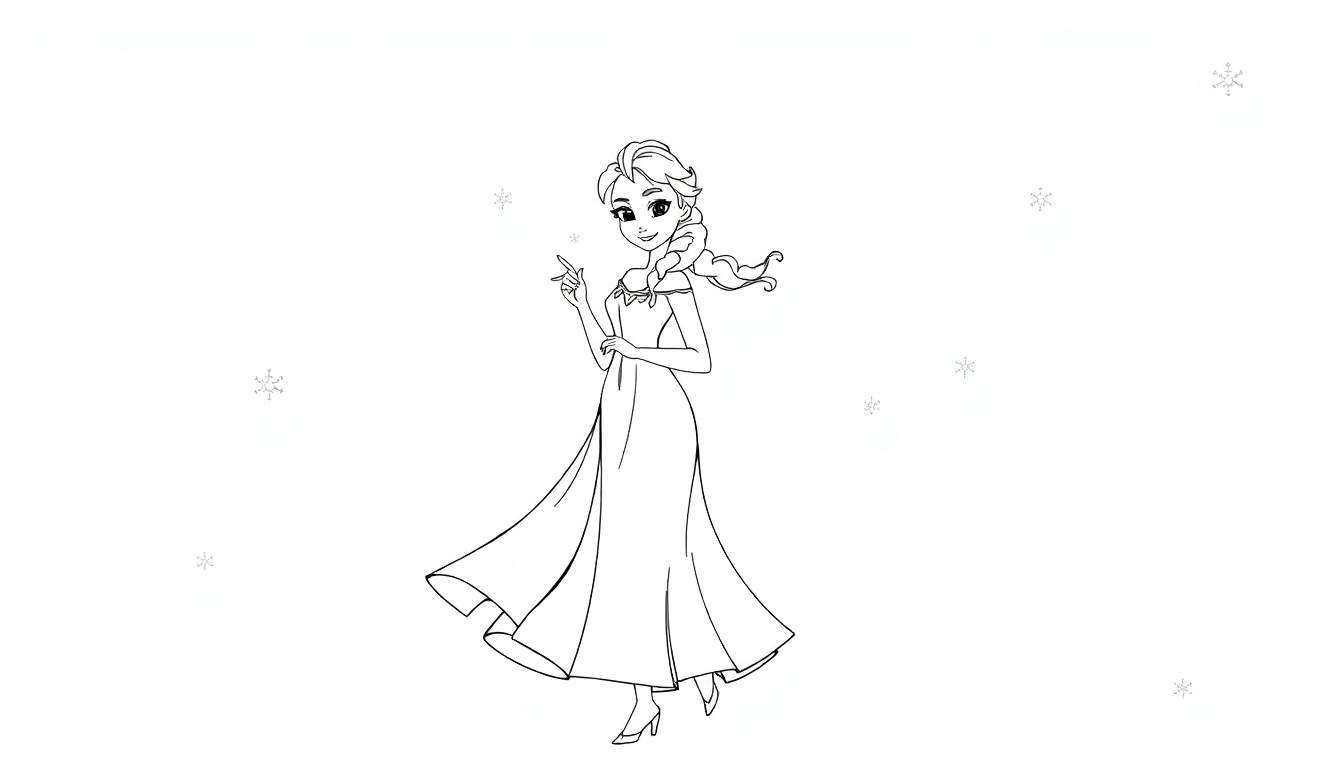 Desenho em preto e branco de Elsa em pé, sorrindo, com seu vestido esvoaçante e trança longa, cercada por flocos de neve. Um desenho para colorir.