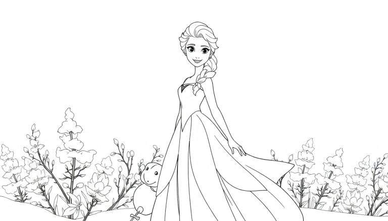 Desenho a contorno de Elsa rodeada por flores, com um boneco de neve e um plano de fundo de jardim.