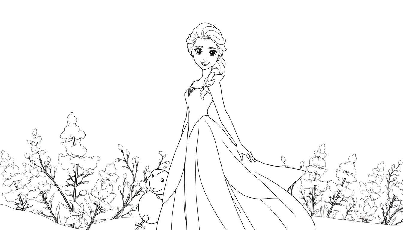 Desenho a contorno de Elsa rodeada por flores, com um boneco de neve e um plano de fundo de jardim.