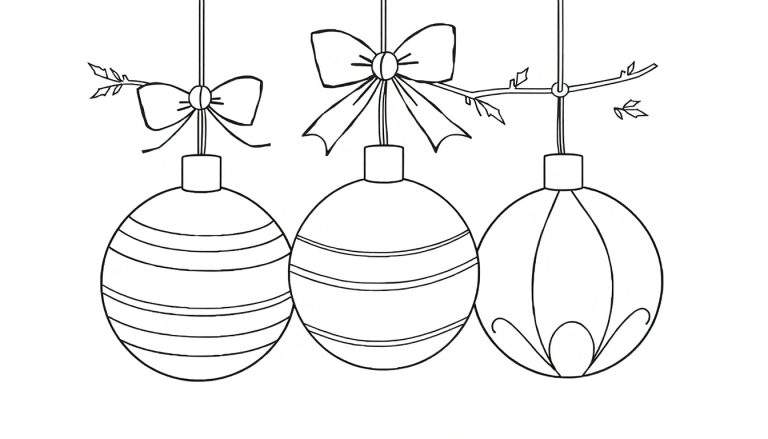 Três enfeites de Natal em estilo de arte linear, cada um com um padrão listrado ou floral e laços, pendurados em fios.