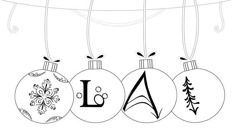 Um grupo de enfeites de Natal em preto e branco, incluindo um floco de neve, a letra 'L', a letra 'A' e uma árvore perene, pendurados em uma corda. A imagem é ideal para colorir e se encaixa perfeitamente em um color panel.