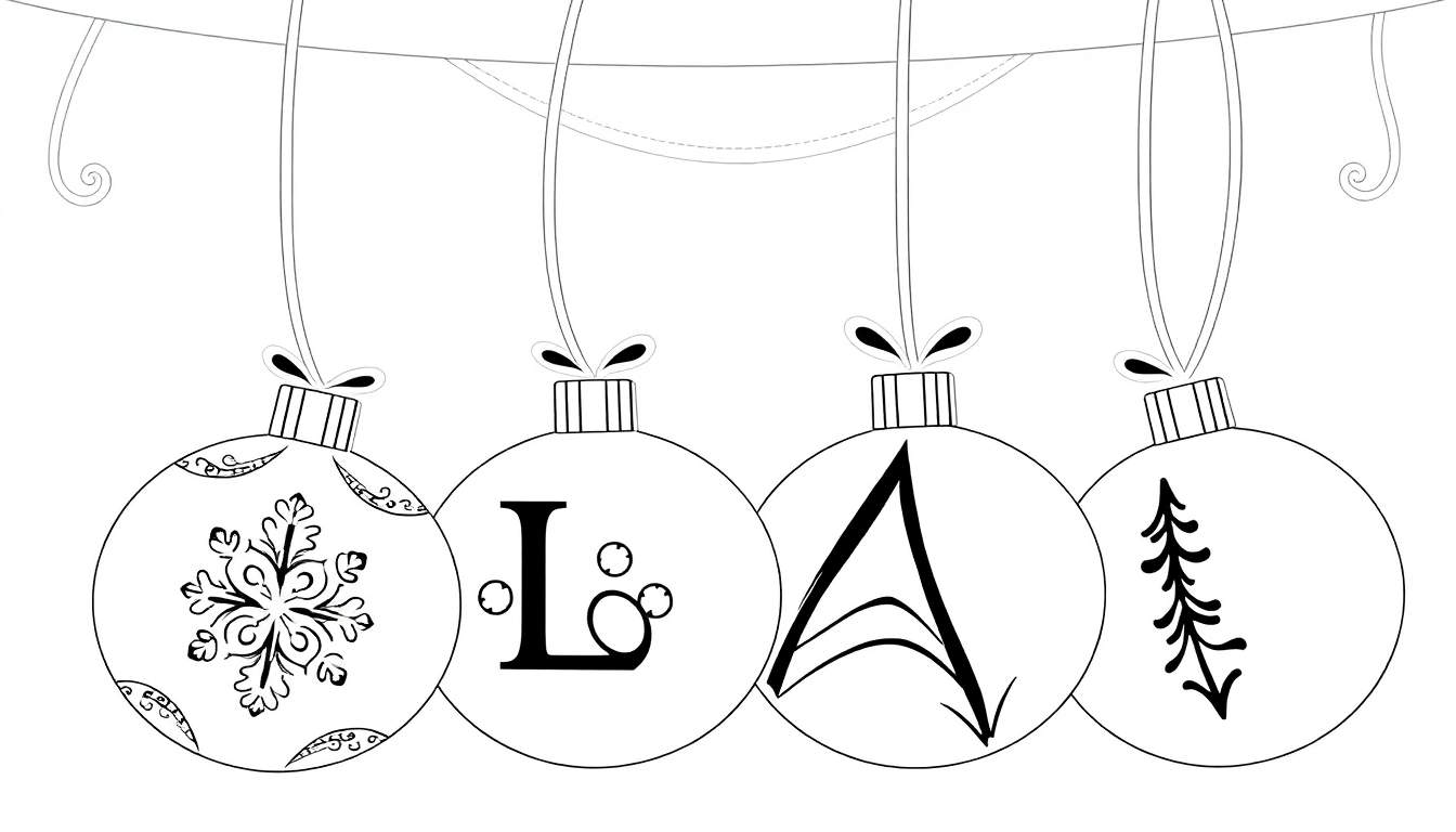 Um grupo de enfeites de Natal em preto e branco, incluindo um floco de neve, a letra 'L', a letra 'A' e uma árvore perene, pendurados em uma corda. A imagem é ideal para colorir e se encaixa perfeitamente em um color panel.
