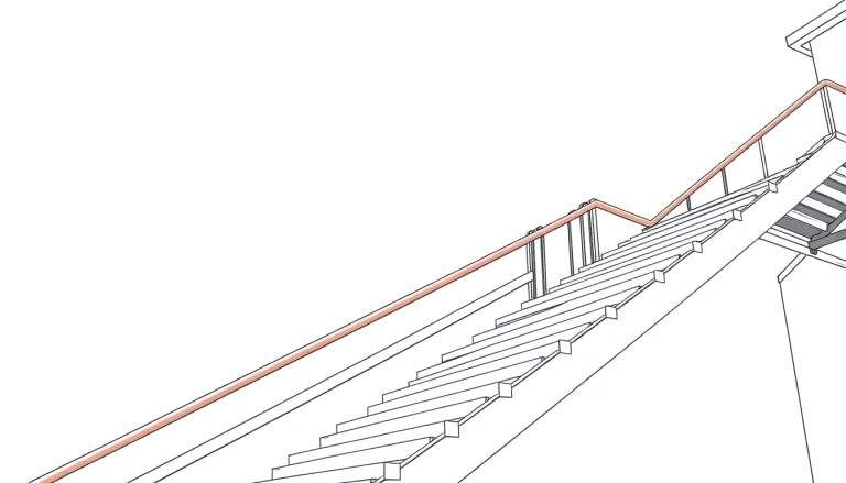 Desenho técnico de uma escada de madeira subindo com corrimão de pêssego, em um fundo branco. Imagine este design como um color panel.