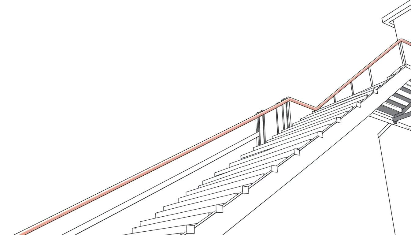 Desenho técnico de uma escada de madeira subindo com corrimão de pêssego, em um fundo branco. Imagine este design como um color panel.
