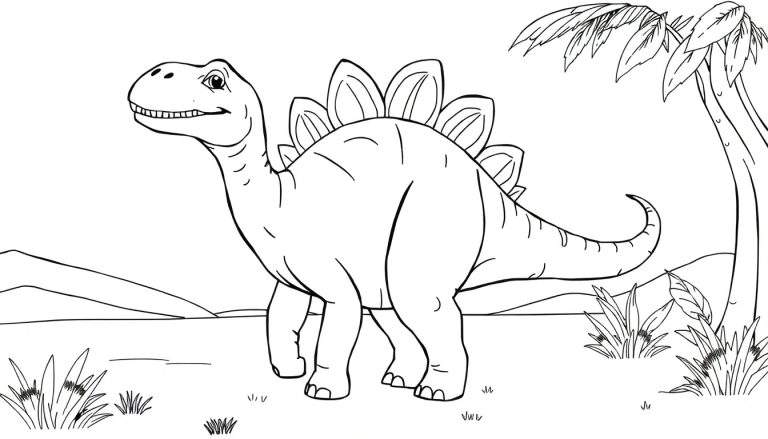 Um desenho a lápis de um Estegossauro amigável em um cenário de paisagem aberta com grama e uma montanha ao fundo. O Estegossauro tem placas nas costas e espinhos na cauda.