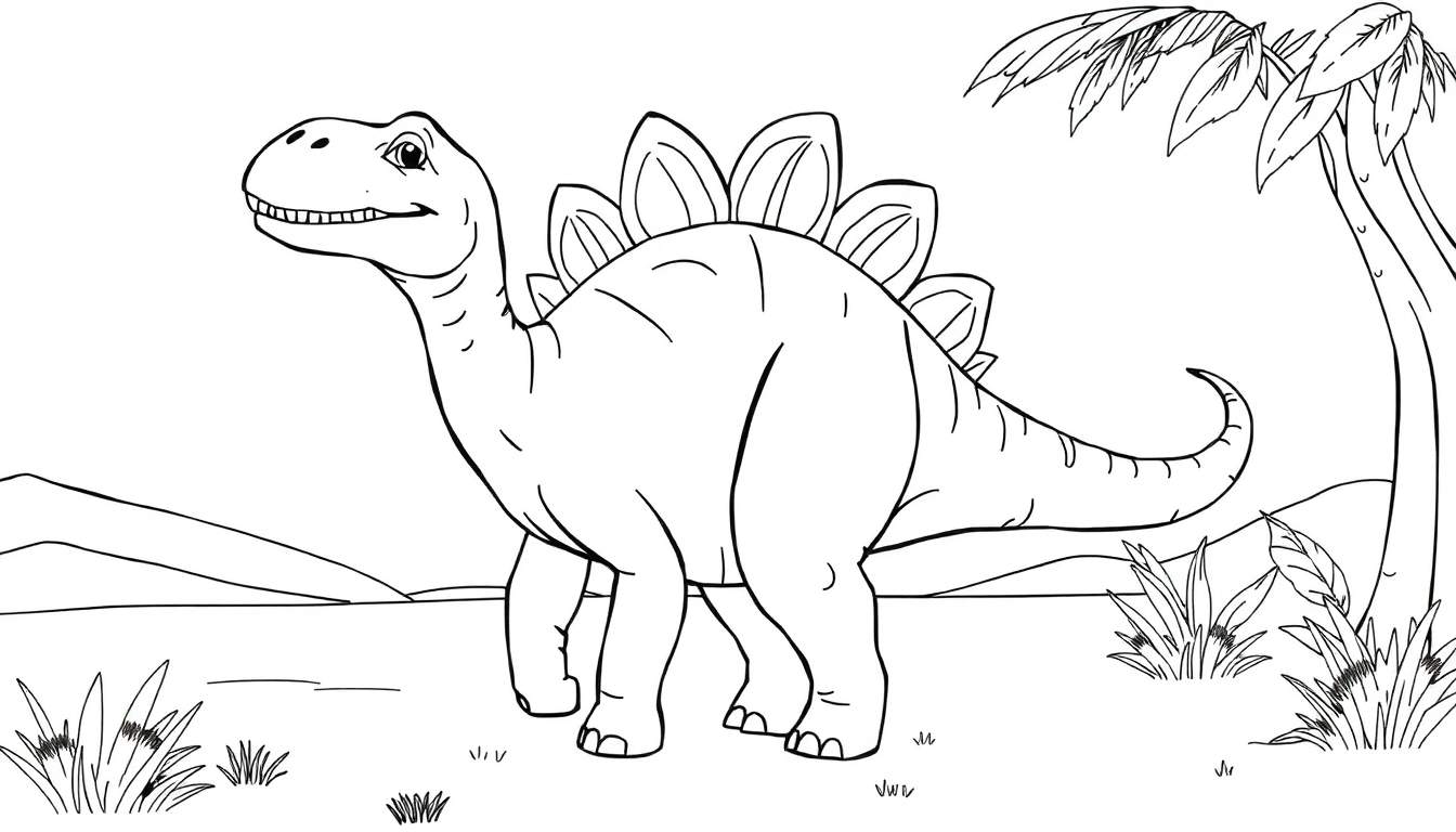 Um desenho a lápis de um Estegossauro amigável em um cenário de paisagem aberta com grama e uma montanha ao fundo. O Estegossauro tem placas nas costas e espinhos na cauda.