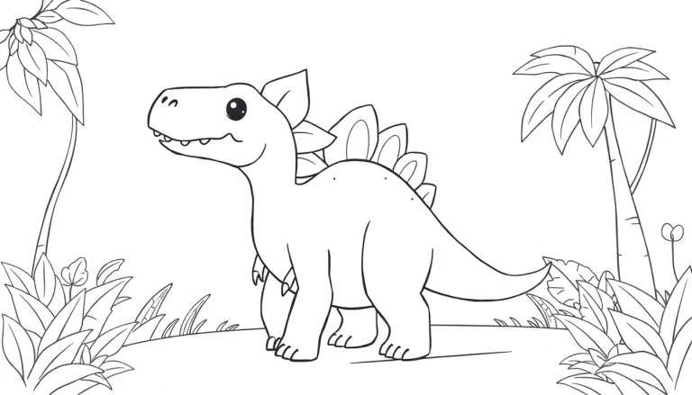 Um desenho a preto e branco de um estegossauro amigável com placas nas costas, rodeado por vegetação exuberante.