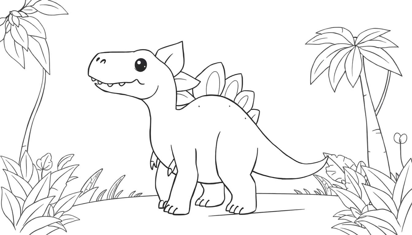 Um desenho a preto e branco de um estegossauro amigável com placas nas costas, rodeado por vegetação exuberante.