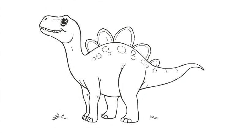 Ilustração em preto e branco de um Estegossauro sorridente, com placas nas costas, pronto para colorir.