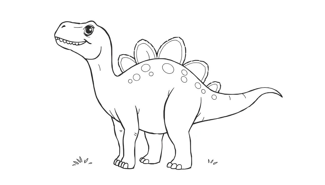 Ilustração em preto e branco de um Estegossauro sorridente, com placas nas costas, pronto para colorir.