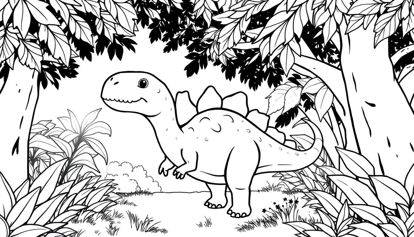 Um dinossauro sorridente em uma floresta para colorir, com placas dorsais distintas.