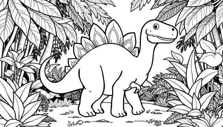 Um adorável Estegossauro sorrindo em uma floresta, pronto para colorir.