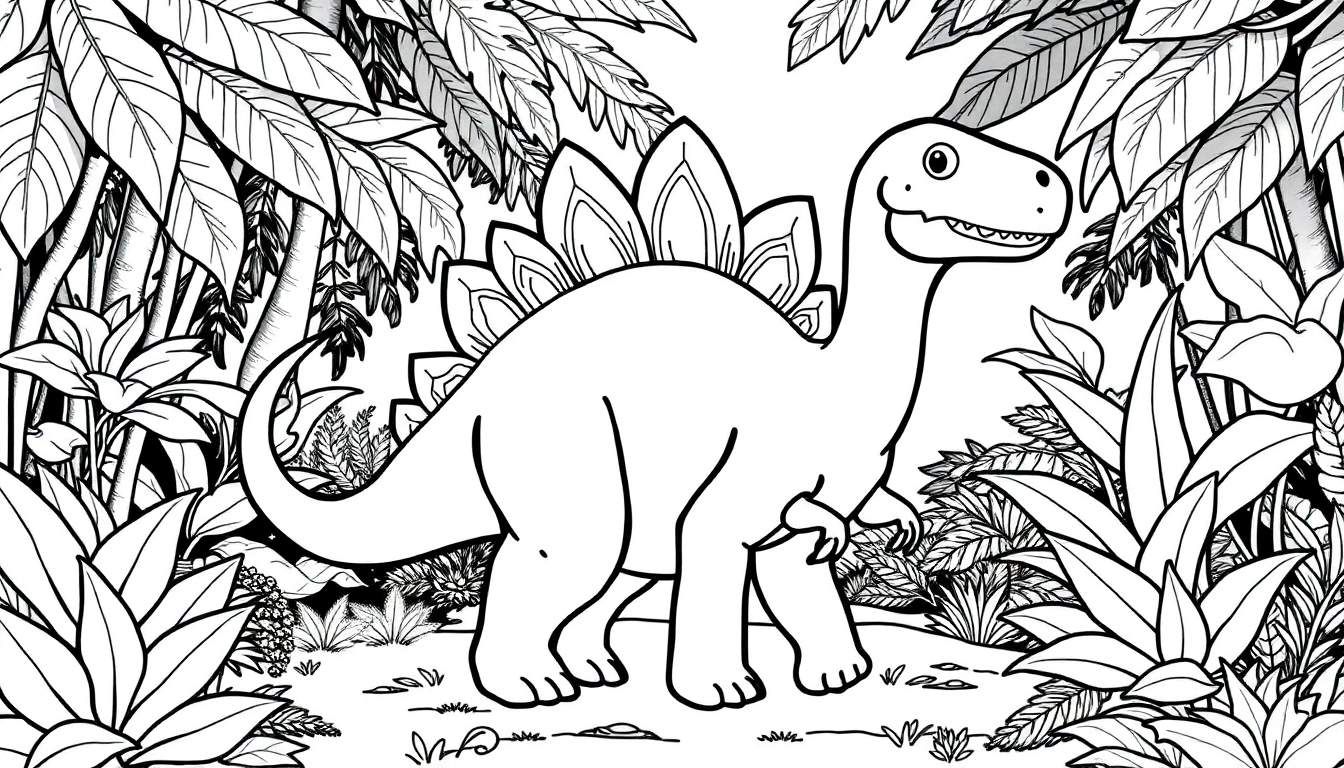 Um adorável Estegossauro sorrindo em uma floresta, pronto para colorir.