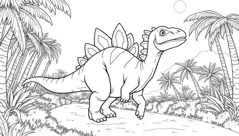 Desenho de um estegossauro em um ambiente tropical com palmeiras e folhagem, pronto para colorir.