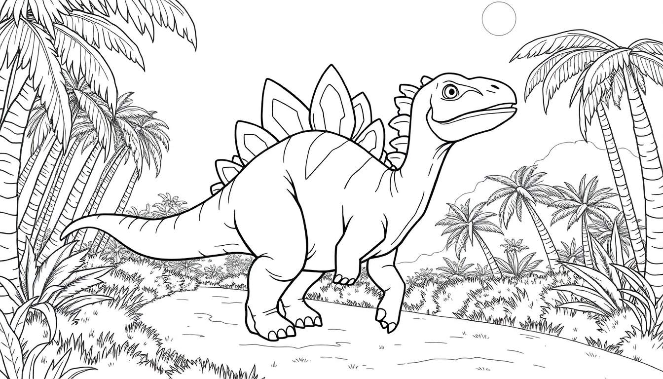 Desenho de um estegossauro em um ambiente tropical com palmeiras e folhagem, pronto para colorir.