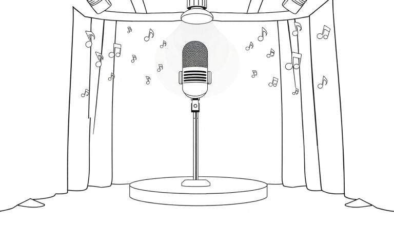 Um palco com um microfone, notas musicais e um color panel de cortinas.