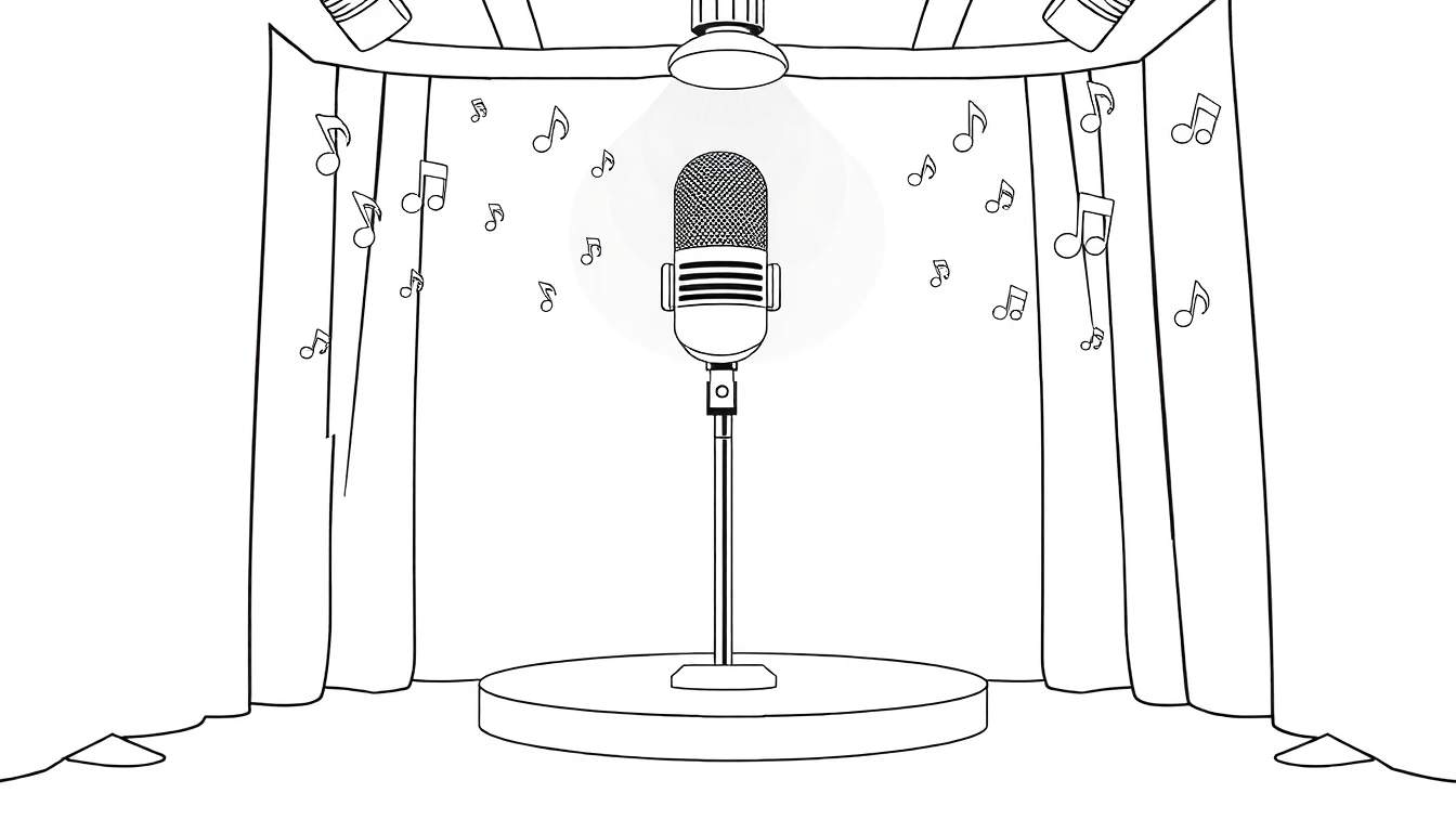 Um palco com um microfone, notas musicais e um color panel de cortinas.