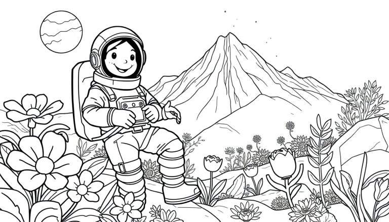 Uma pequena astronauta sorri cercada por flores alienígenas coloridas.