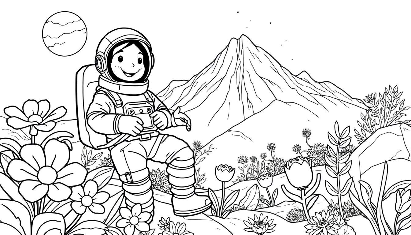 Uma pequena astronauta sorri cercada por flores alienígenas coloridas.