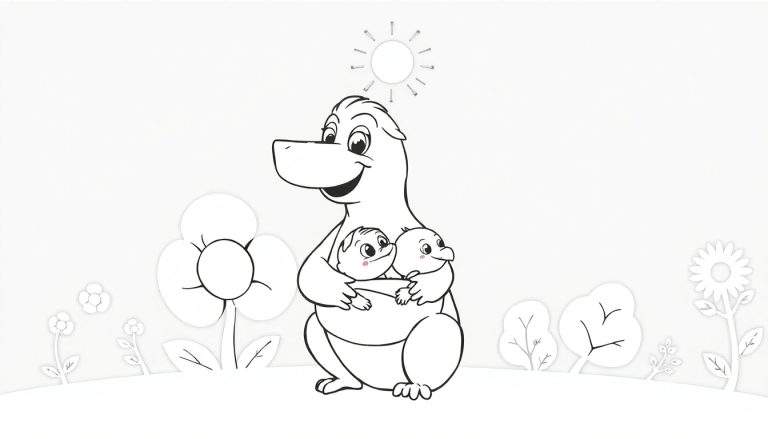 Desenho de um personagem grande e sorridente, parecido com um dinossauro ou hipopótamo, segurando dois bebês alegres, em um cenário com flores, arbustos e um sol. Estilo de desenho em preto e branco para colorir.
