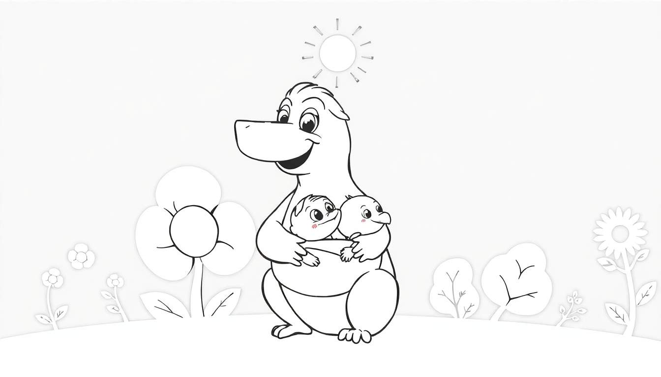 Desenho de um personagem grande e sorridente, parecido com um dinossauro ou hipopótamo, segurando dois bebês alegres, em um cenário com flores, arbustos e um sol. Estilo de desenho em preto e branco para colorir.
