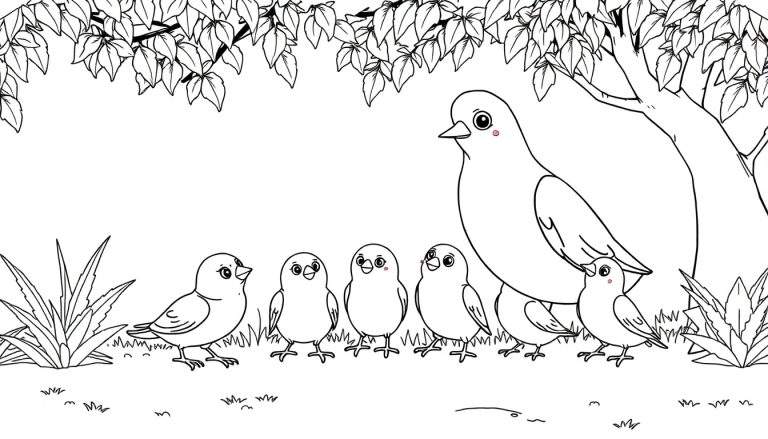 Uma mãe galinha com cinco pintinhos em um campo gramado, com árvores ao fundo, para colorir em um painel de cores.
