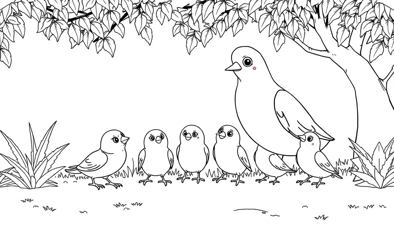 Uma mãe galinha com cinco pintinhos em um campo gramado, com árvores ao fundo, para colorir em um painel de cores.