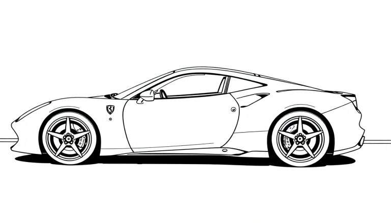 Um contorno preto e branco de um carro esportivo Ferrari, visto de lado, destacando suas linhas aerodinâmicas e rodas. Inclui um 'color panel' estilizado.