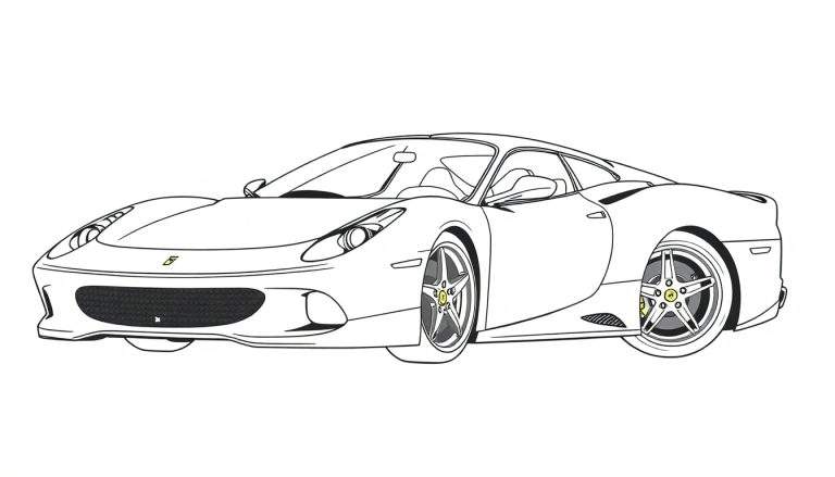 Desenho em contorno de um carro esportivo, estilo Ferrari, pronto para colorir. Um color panel em branco.