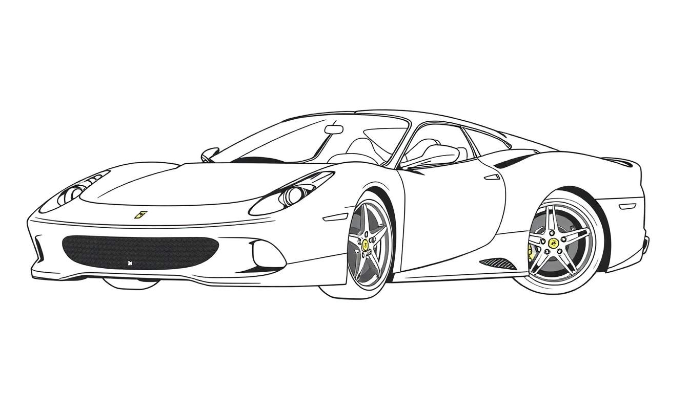 Desenho em contorno de um carro esportivo, estilo Ferrari, pronto para colorir. Um color panel em branco.