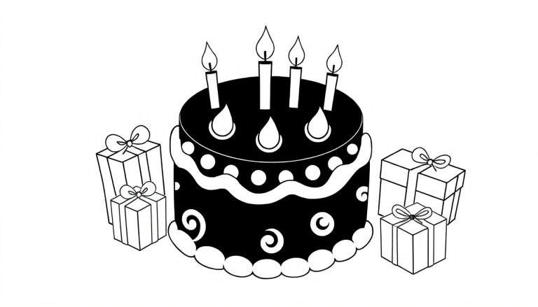 Um desenho a preto e branco de um bolo de aniversário de dois andares com velas acesas e presentes à volta, tudo com um estilo de contorno simples. Inclui a palavra color panel.