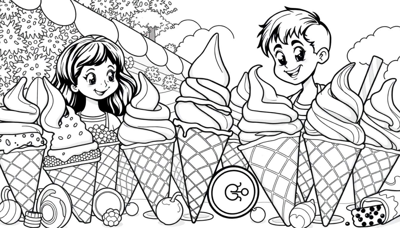 Um desenho em preto e branco para colorir, mostrando duas crianças, uma menina e um menino, sorrindo por trás de pilhas de casquinhas de sorvete, com balas e frutas espalhadas e um fundo de árvores e nuvens. Inclui um color panel.