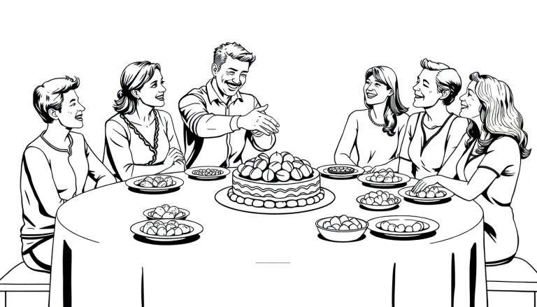 Grupo de seis pessoas comendo um bolo em uma mesa redonda, ilustração em preto e branco estilo desenho animado retrô.