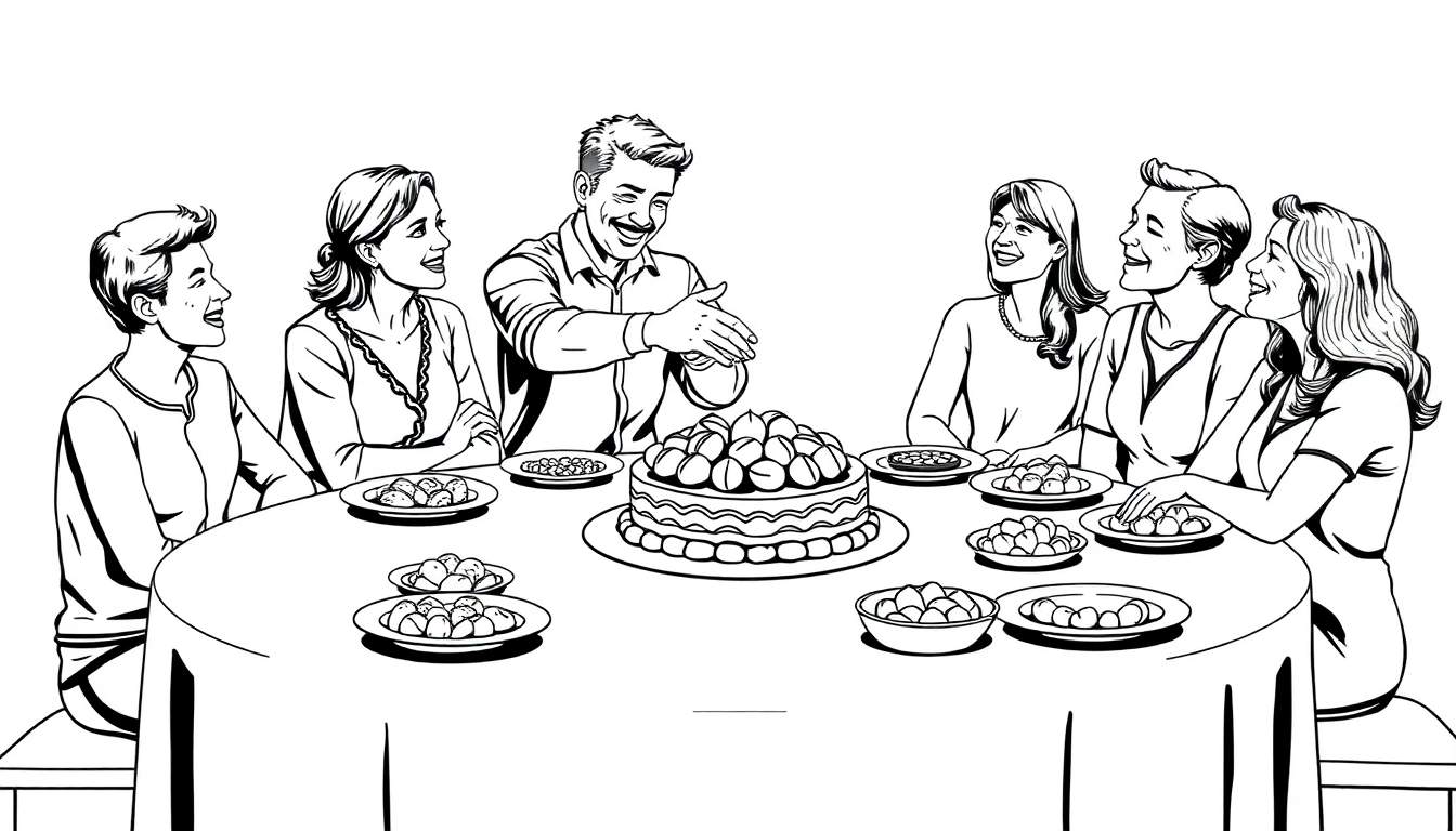 Grupo de seis pessoas comendo um bolo em uma mesa redonda, ilustração em preto e branco estilo desenho animado retrô.