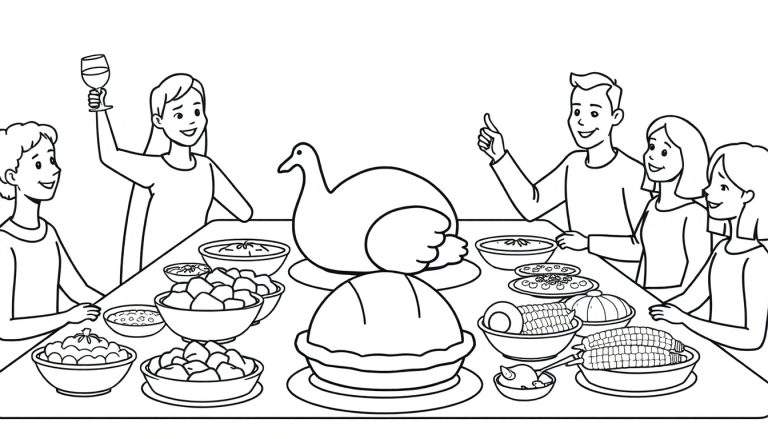Uma família sorrindo e brindando em uma mesa de jantar festiva, com peru e acompanhamentos, desenhado em estilo de colorir.