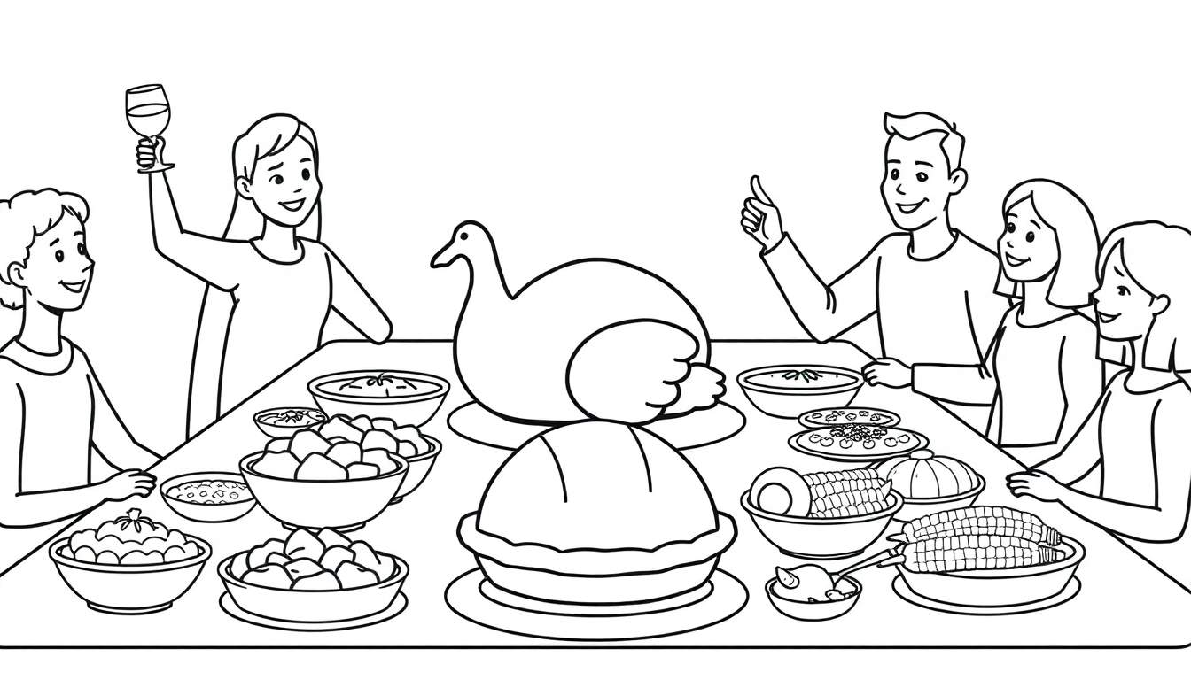 Uma família sorrindo e brindando em uma mesa de jantar festiva, com peru e acompanhamentos, desenhado em estilo de colorir.