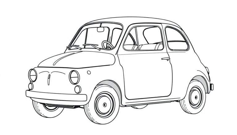 Um Fiat 500 clássico em estilo de contorno, pronto para colorir, com um color panel para as cores.