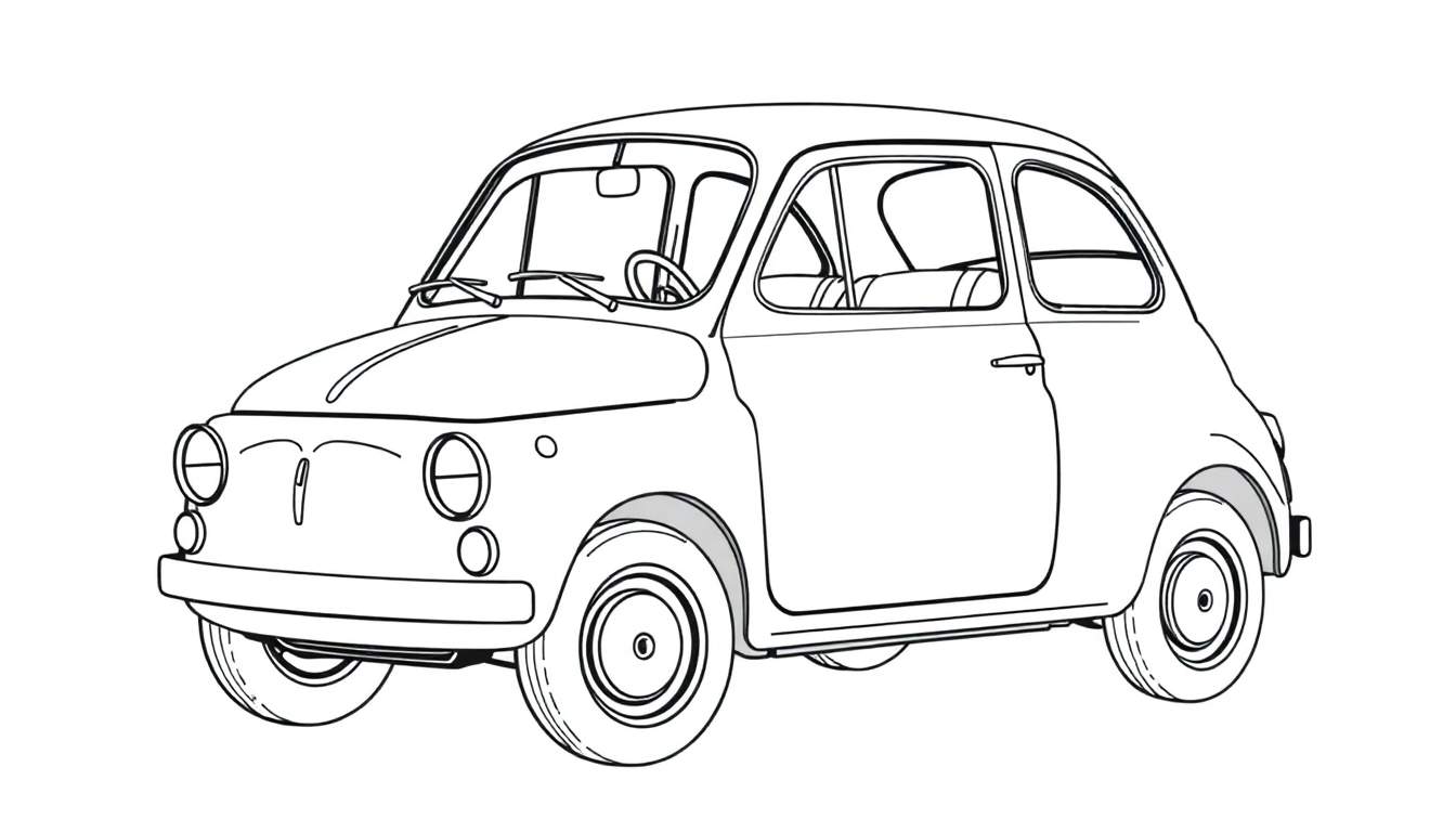 Um Fiat 500 clássico em estilo de contorno, pronto para colorir, com um color panel para as cores.