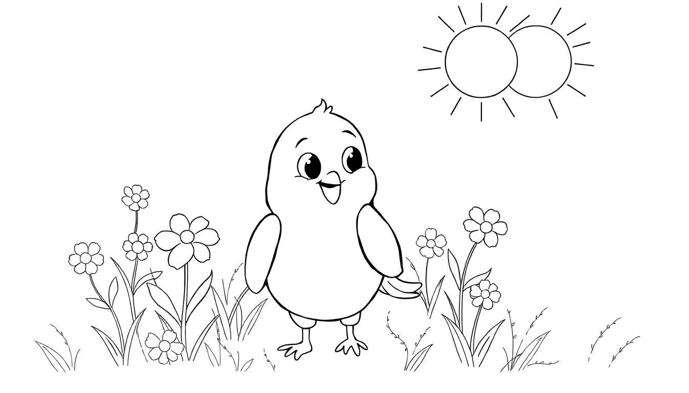Desenho de um filhote de passarinho sorrindo em um campo de flores com o sol, pronto para ser colorido.