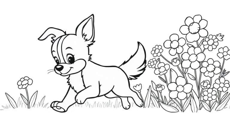 Um filhote de cachorro em desenho de linha correndo em um campo florido com orelhas grandes e rabo encaracolado.