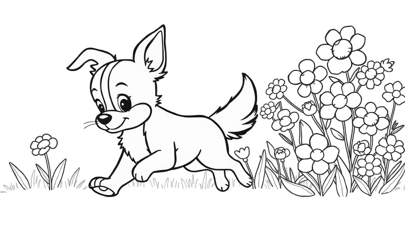 Um filhote de cachorro em desenho de linha correndo em um campo florido com orelhas grandes e rabo encaracolado.